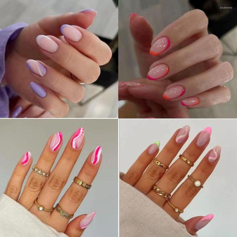 

False Nails 5Boxs Fake With Wavy Design Detachable French Short Ellipse Almond Full Cover Nail Tips Press On, 10sheets