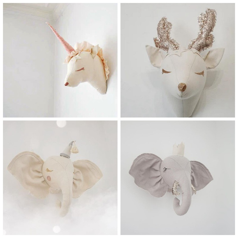 

Wall Decor Baby Girl Room Decor Elephant Unicorn Plush Toys Animal Heads Wall Decoration For Children Nursery Room Decoration Soft Install 230317