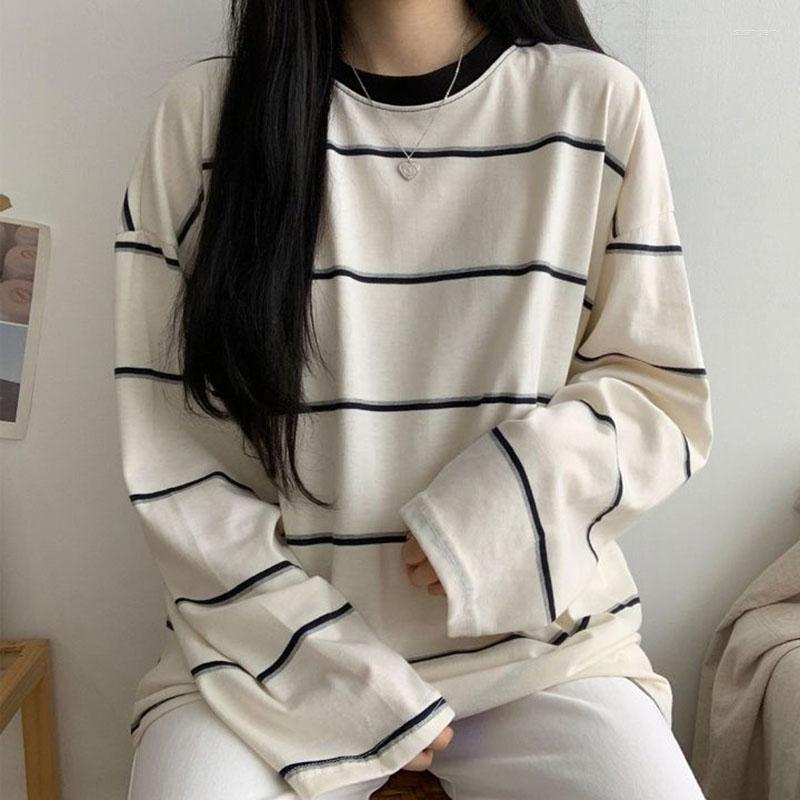 

Women' T Shirts T-shirts Women Striped Chic Long Sleeve O-neck Streetwear Harajuku Vintage Top Unisex Camisetas Tender Tees Basic All-match, Beige