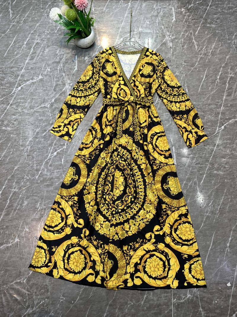 

Casual Dresses High Quality Designer 2023 Spring Women Golden Floral Printed Long Sleeve Belt V-neck Dress B316, Gold