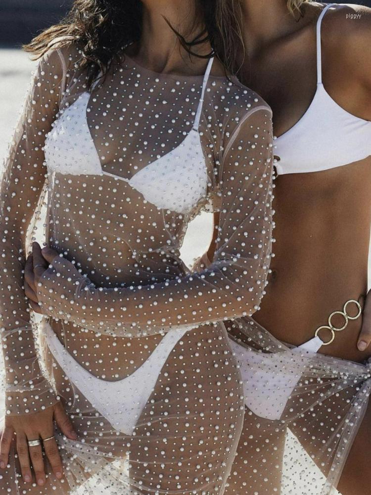 

Casual Dresses Sexy Mesh See Through Women Dress Summer Fashion Pearl Long Sleeve Vacation Beach Maxi Bodycon Club Outfits 2023 Cover Up