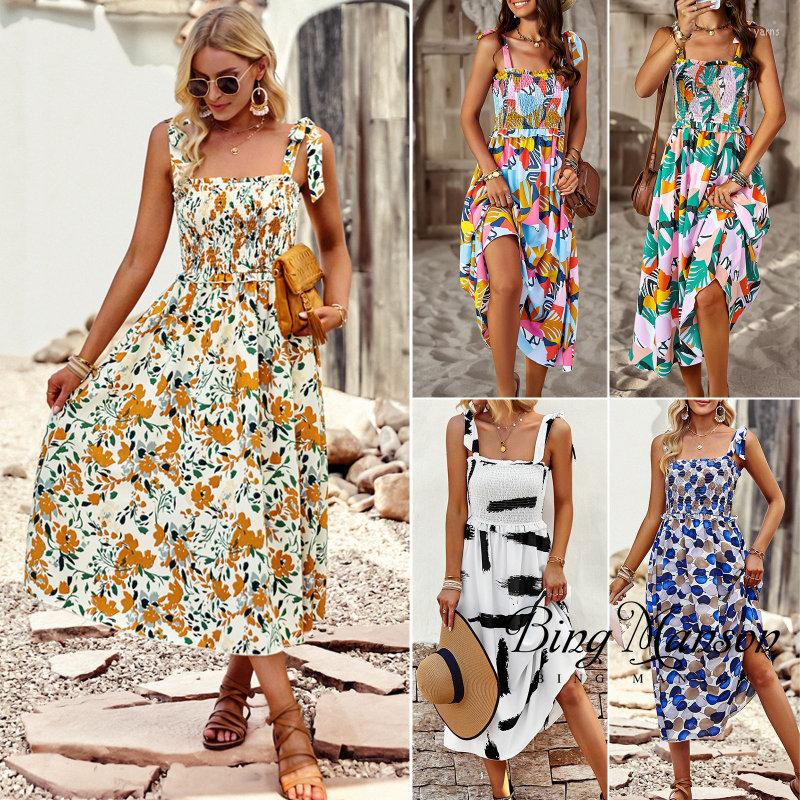 

Casual Dresses Flower Print One-line Collar Long Chiffon Dress Women' Summer Sleeve A-line Elegant Retro Skirt Vest, Blue
