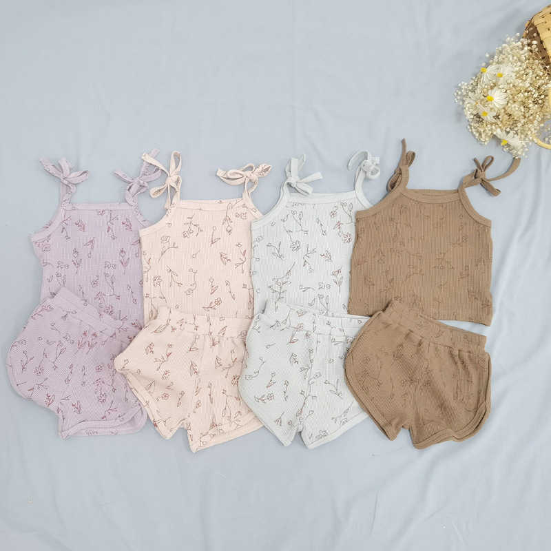 

Clothing Sets 2022 Summer New Baby Girl Sleeveless Clothes Set Comfortable Waffle Cotton Baby Girl Outfits Vest Shorts Kids Casual 2pcs Suit P230315, Gray blue
