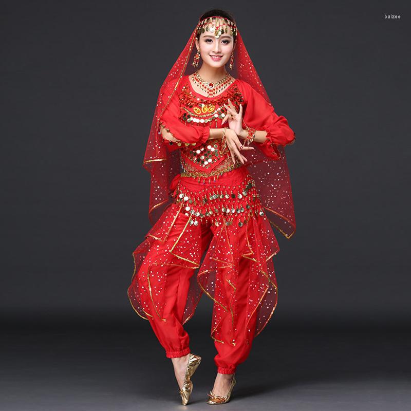 

Stage Wear 2023 Women Dance Clothes Sari Belly Costume Set Bollywood Pants (include Top Belt Trousers And Veil), Red short sleeves