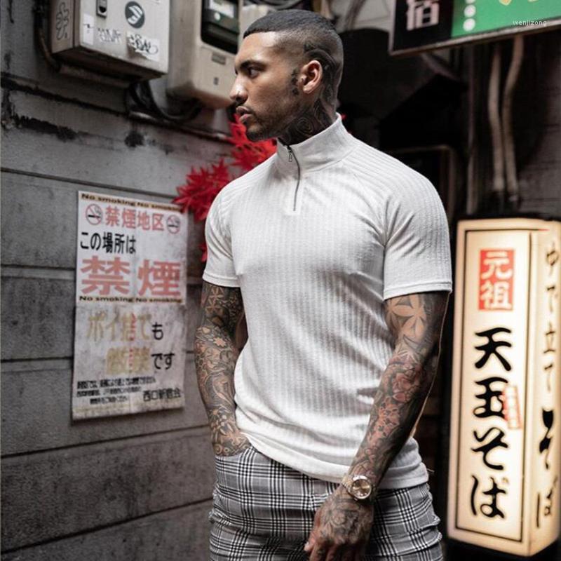 

Men's T Shirts Brand Fitness T-shirt Men Summer Man Knitted Tshirt Fashion Tops Streetwear Gym Clothing Zipper Stand Short Sleeve Tee Shirt, White