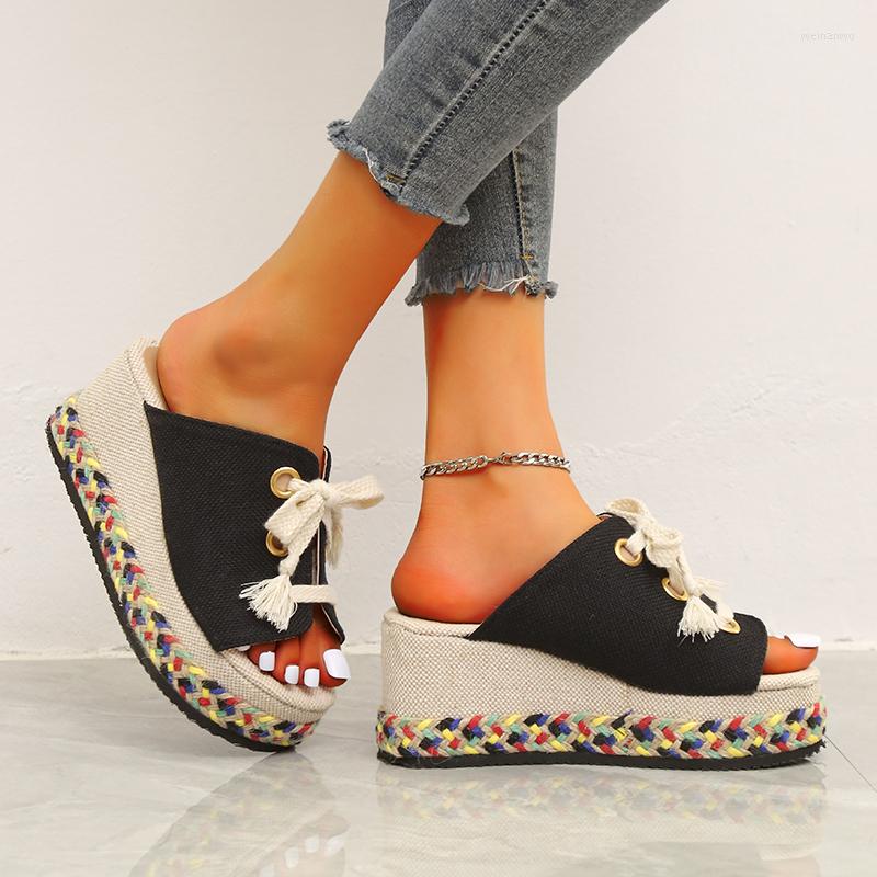 

Slippers 2023 Summer Women's Sandals Cloth Open Toe High Heel Wedge Platform Comfortable Fashion Straw Casual, Beige