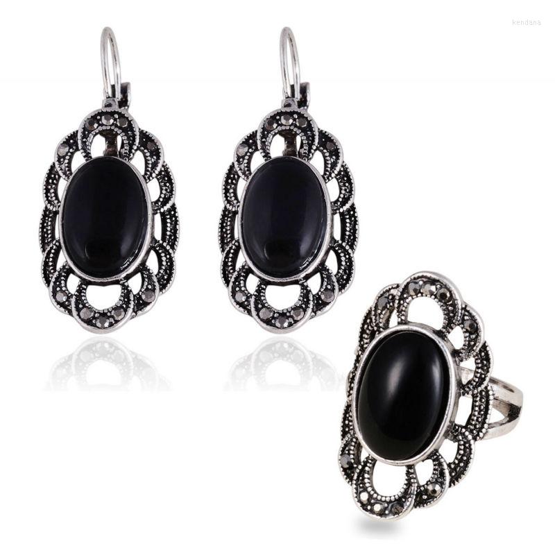 

Necklace Earrings Set Charm Vintage Antique Silver Plated Oval Flower Bead Black Stone Rings And For Women Gift, Picture shown