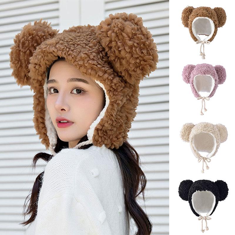 

Beanies Beanie/Skull Caps Women Winter Cute Big Bear Ear Hats Casual Lamb Wool Hat Solid Korean Style Kawaii Women's Outdoor Warm Earflap