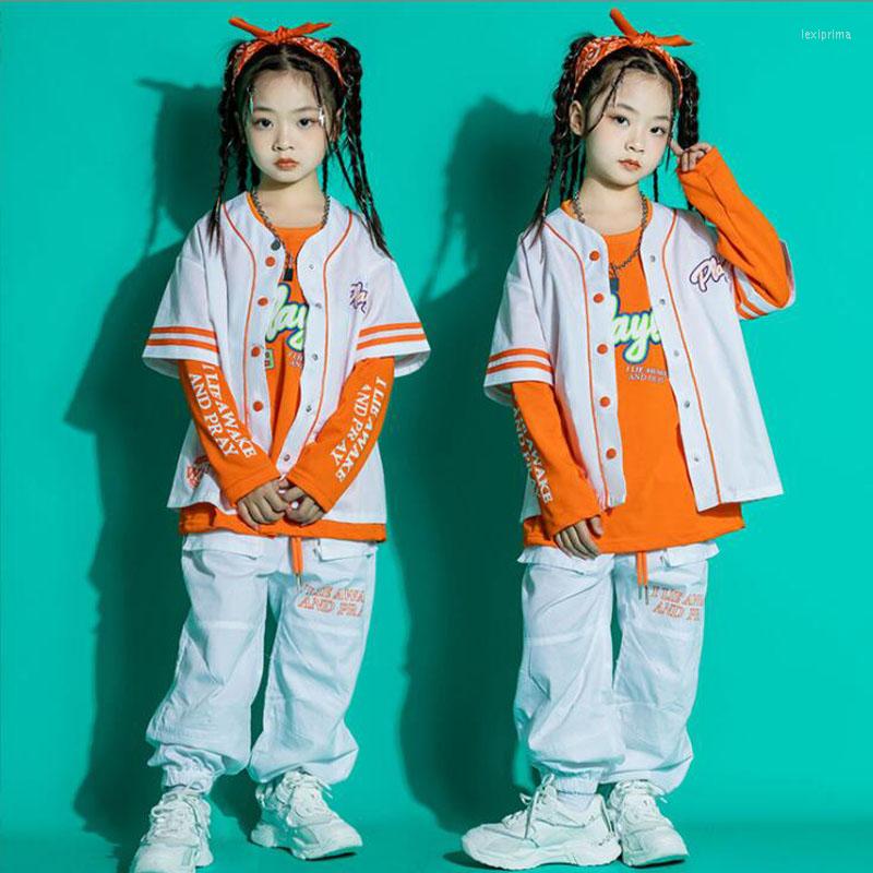 

Stage Wear Kids Teenage Kpop Outfits Hip Hop Clothing Baseball Shirt Cargo Joggers Pants For Girls Boys Jazz Dance Costume Street Clothes, Orange pants