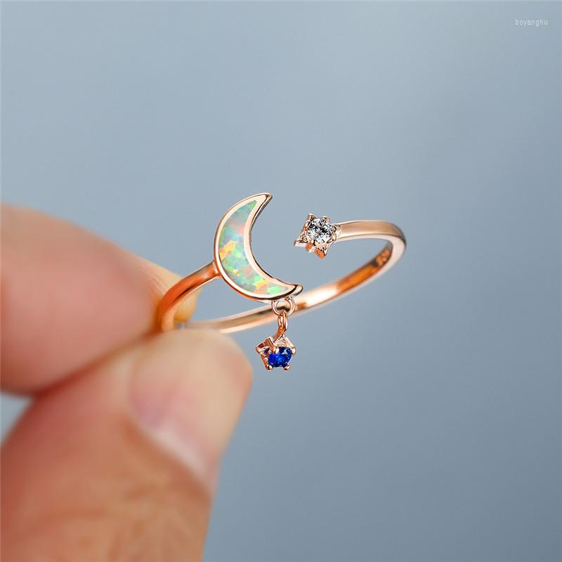 

Wedding Rings Female Cute Star Moon Pendant Ring White Blue Opal Crystal Stone Engagement Vintage Rose Gold Color Opening For Women