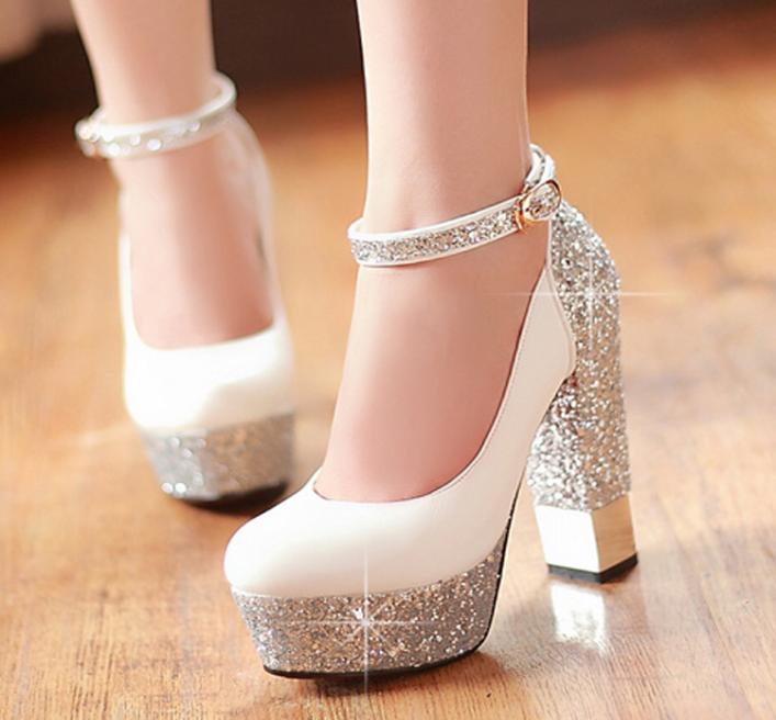 

Bridesmaid Highheeled Bride Shoes New Contrast Color Sequins Strap Round Toe Shoes Water Platform Thick Heel High Heels3783809, White