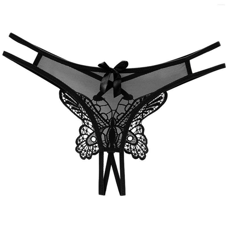 

Women's Panties Female Low Waist Women Intimates Hollow Exposed Buttocks Flower Bandage Bow Open Crotch Briefs Lace Butterfly, Black