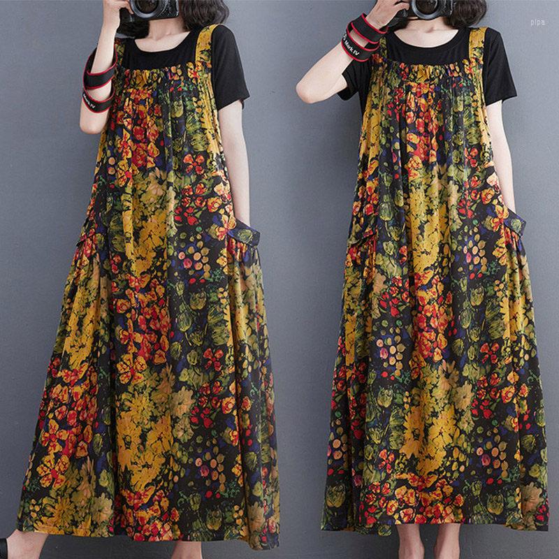

Casual Dresses Retro Temperament All-Match Vest Dress Women's Summer Printing A Line Sleeveless Vintage Loose Baggy Clothing H1293, As show