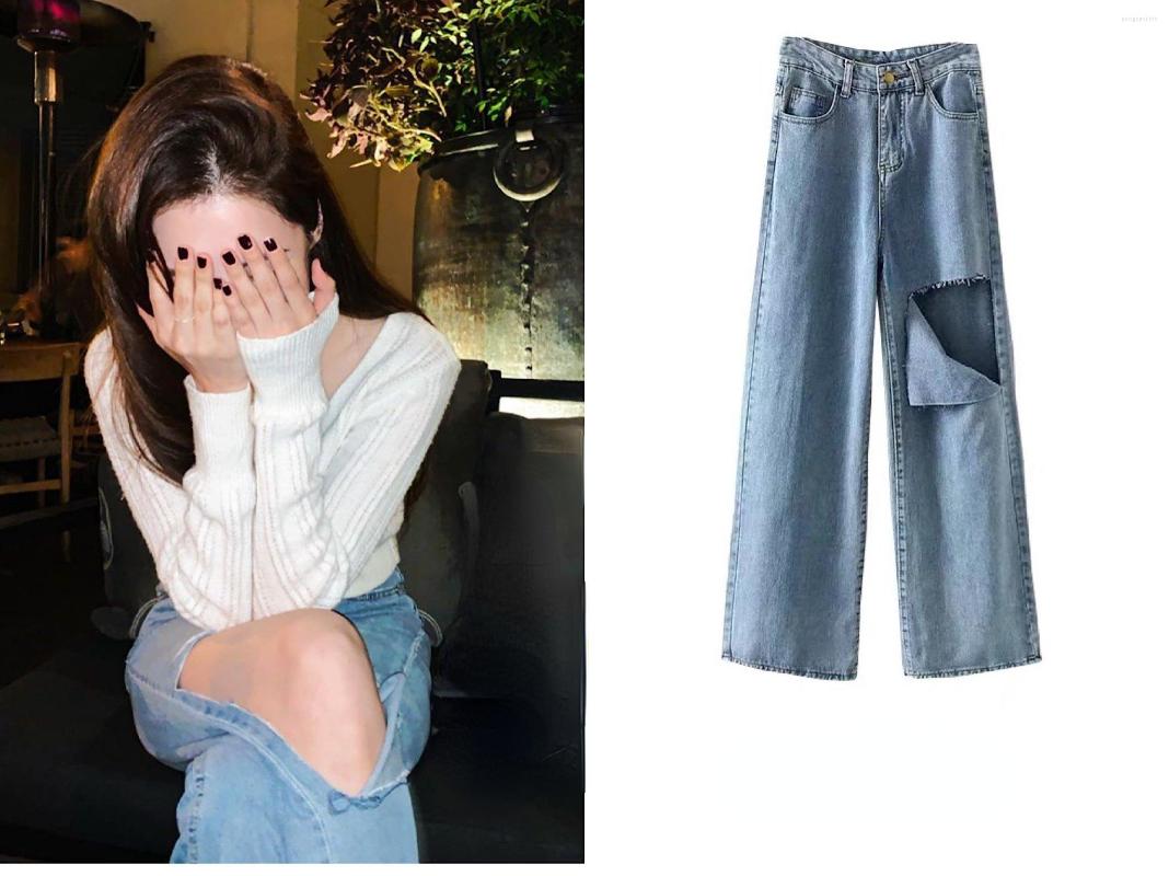 

Women's Jeans Kpop Jennie Korean Light Blue Vintage Denim Pants Women 2023 Summer Loose High Waist Straight Wide Leg Hollow Hole
