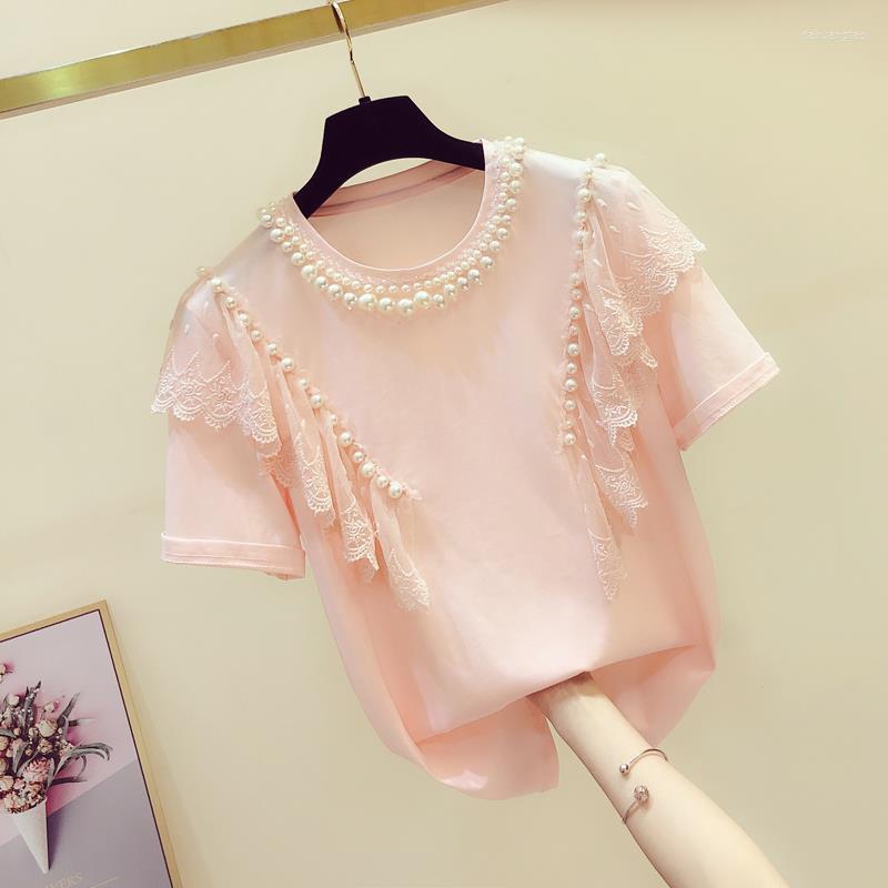 

Women' T Shirts O-Neck Beaded Lace Women T-Shirts Summer Design 2023 Solid Ruffles Casual All Match Female Pulls Tops Tees, Pink