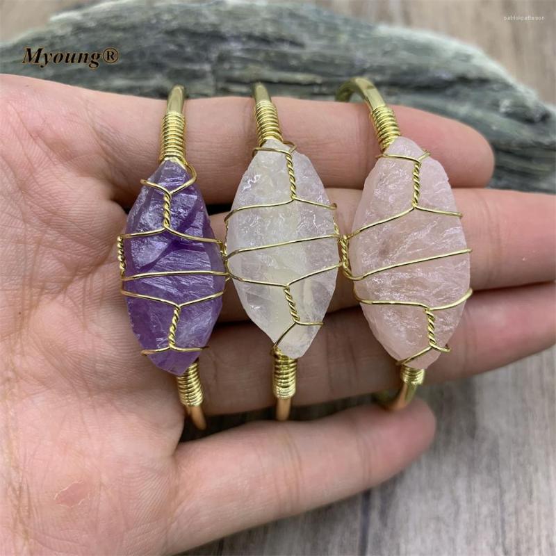 

Bangle Irregular Natural Stone Bangles Cuff Copper Bracelets Crystal Rose Quartzs Gold-color Wire Wrapped Women Jewelry MY211212