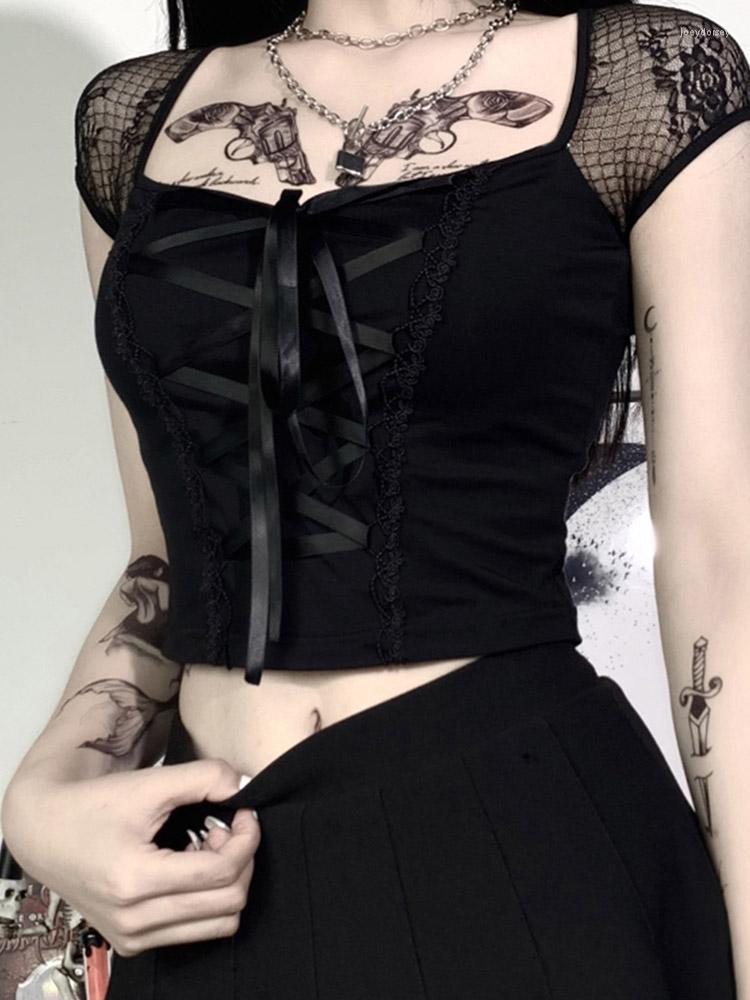 

Women' T Shirts Vintage Tops Goth T-shirt Women Bodycon Bandage Lace Black T-shirts Gothic Streetwear Sexy Female Top Casual Mesh Tee