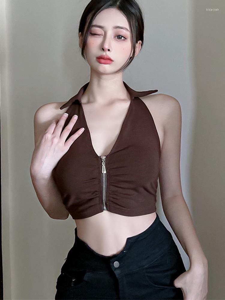 

Women's Tanks Zipper Halter Neck Vest Tank Summer Sexy V-neck Top Women Coffee Korean Tops 2023 Sweet U382, Black