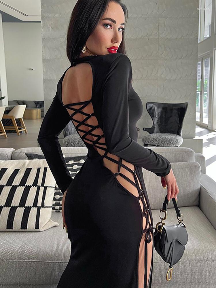 

Casual Dresses Tossy Backless Lace-Up Midi Party Dress For Women Black Slim Bodycon Evening Club Partywear Side Split Out 2023