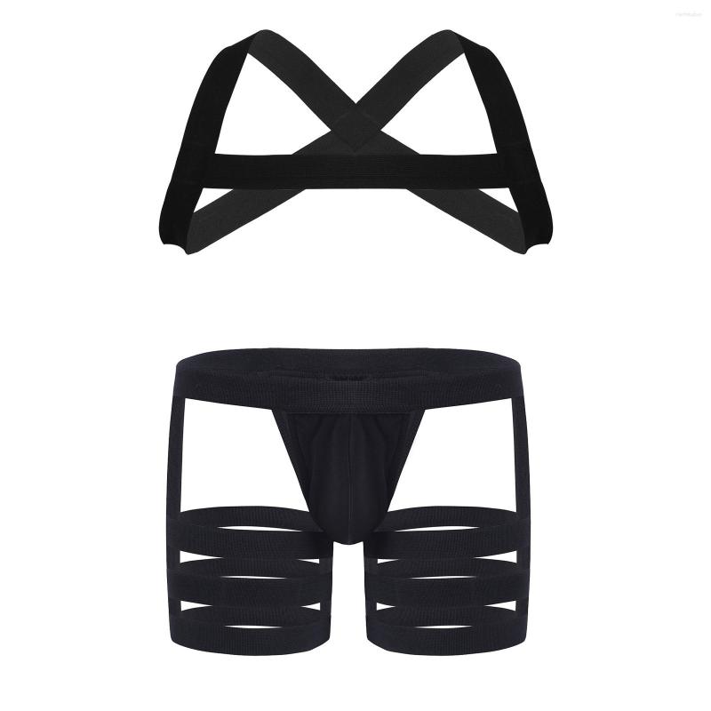 

Bras Sets Men X-Shape Back Elastic Shoulder Chest Harness Erotic Lingerie Bulge Pouch Briefs Garters Belt Sissy Gay Underwear Underpants, Black