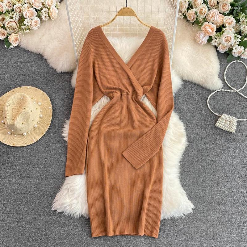 

Casual Dresses Vintage Deep V Neck Party Dress Woman Solid Color Long Sleeve High Waist A-line Knitted Female Drop, Black