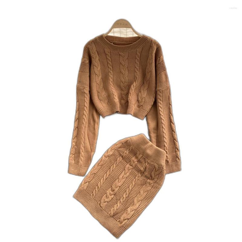 

Work Dresses Autumn Winter Clothing 2023 Crew Neck Long Sleeve Twist Knitted Sets Two Piece Set Women Top And Skirt Casual Outfits, Beige