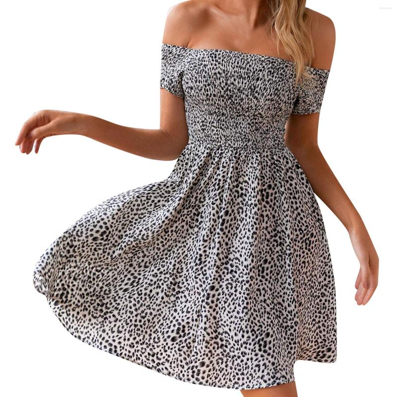 

Party Dresses Summer Off Shoulder Leopard Dress Fashion Print Short Sleeve Beach Sexy Shirred Boho A-Line Mini Vestidos, Black