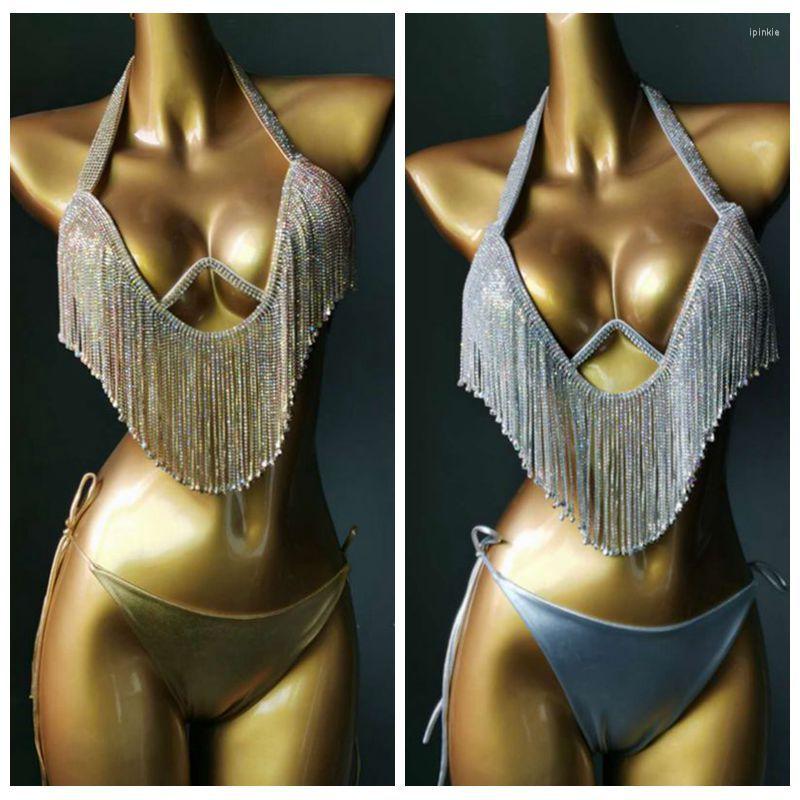 

Bras Sets Sexy Club Women's Underwear Push Up Lingerie Nightclub Party Rave Wear Fashion Glitter Rhinestone Tassel Padded Bikini Set, Blue
