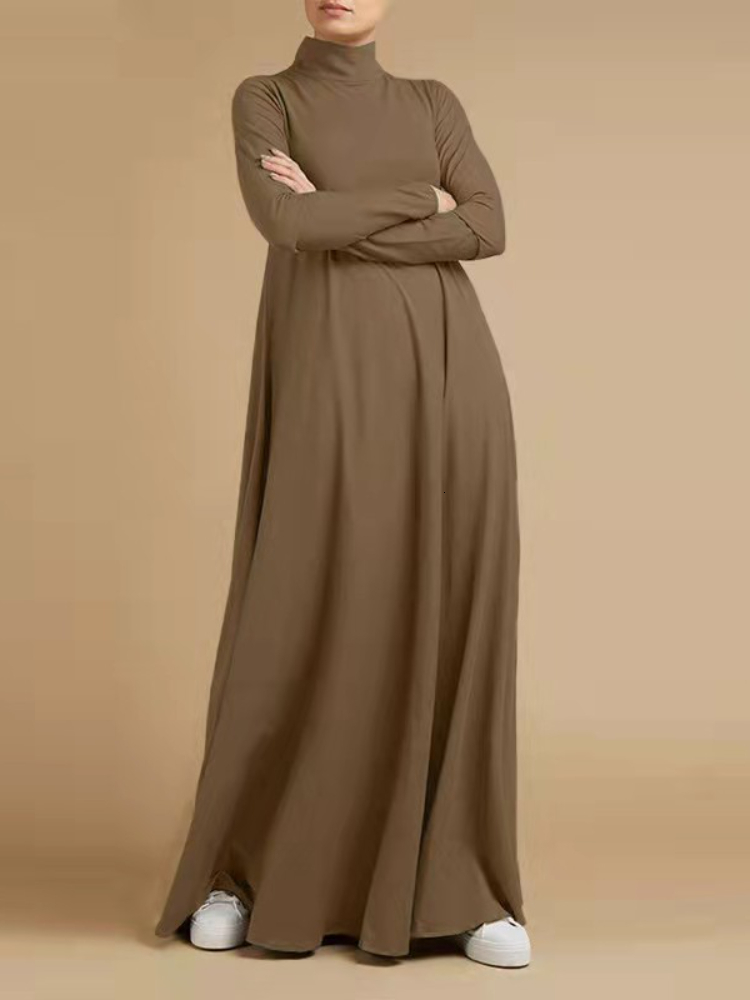 

Ethnic Clothing Muslim Dresses Abayas for Women Vintage Solid Maxi Dress Women's Turtleneck Sundress Casual Long Sleeve Vestidos S-5XL 230317