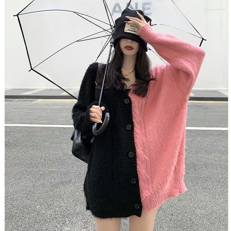 

Women's Knits Women's Sweater Coat Contrasting Color Stitching Design Sense Ladies Mid-Length Knitted Cardigan Lazy Style Loose, As shown