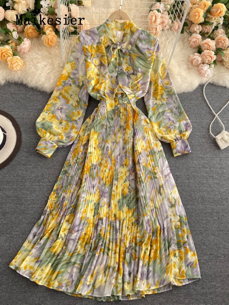 

Casual Dresses For Spring Summer Tie-up Print With A Cinched Waist Long Sleeved Pleated Skirt Women' Dress In Midi Top, Black