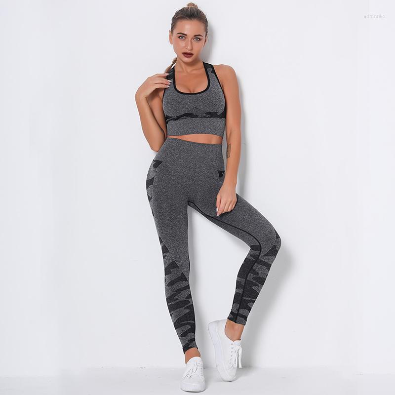 

Active Sets Women' Tracksuit 2 Two Pcs Outfits Camouflage Yoga Set Sports Gym Fitness Clothing Leggings Sport Bra Sportswear, Dark gray set