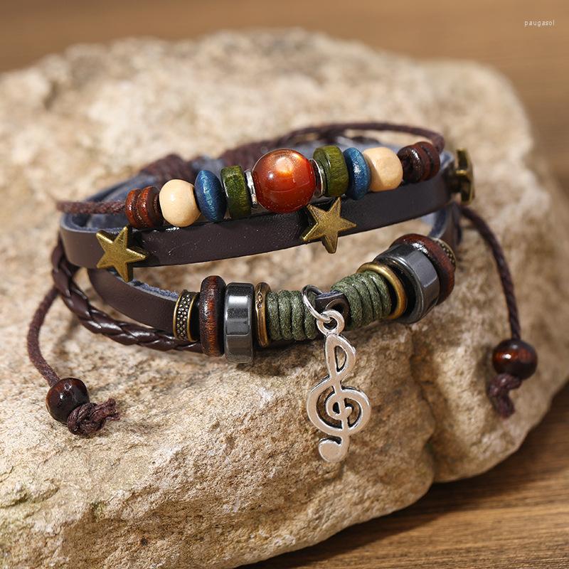 

Charm Bracelets Vintage Beaded Leather Bracelet Unisex Multi-Layered Star Note Stone Woven Stainless Steel Jewelry Accessories Gifts