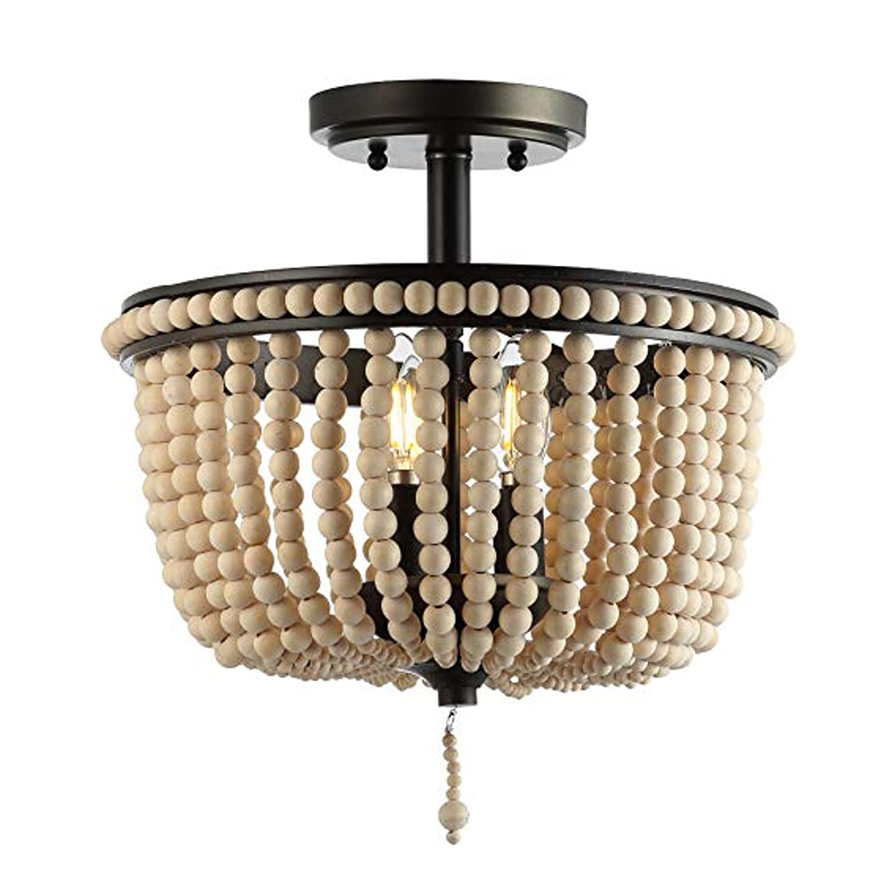 

JONATHAN Y JYL9020A Allie 14" 3-Light Bohemian Farmhouse Wood Bead Iron LED Flush Mount Transitional Rustic Kitchen Hallway, Black Light Taupe