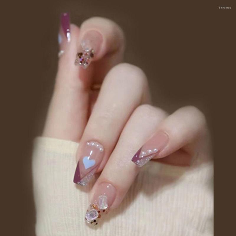 

False Nails 24pcs French Coffin Nail Gradient Ice-through Mint Diamond Pearl Love Heart Full Cover Fake Press On, Pink