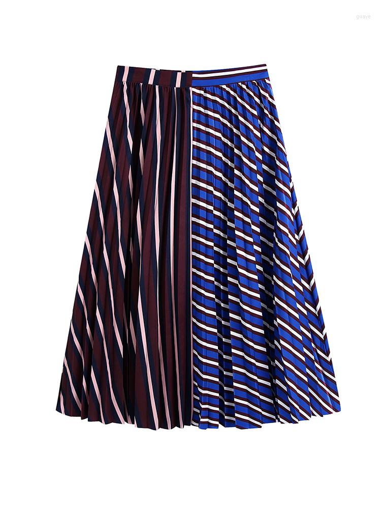 

Skirts Womens 2023 Fashion Street Style Striped Patchwork Midi Skirt Women Clothing Elegant Office Lady High Waist Pleated, Blue