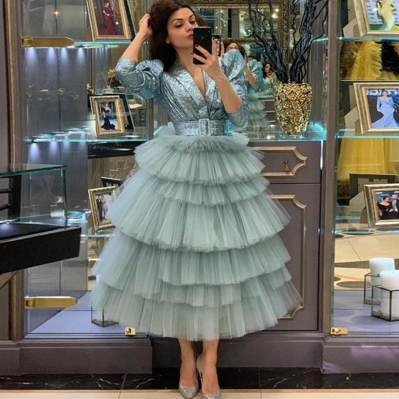 

Skirts Elegant Midi Tulle Skirt Custom Made Tiered Ruffles Chic Women Evening Party Ankle Length Puffy Tutu GownSkirts, Beige