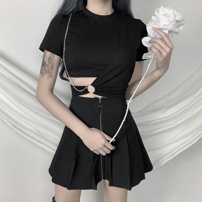 

Women' T Shirts Black Short-sleeved T-shirt High Street Hong Kong Wind Girl Short Waist Slim Personality Women' Tops Summer 2023