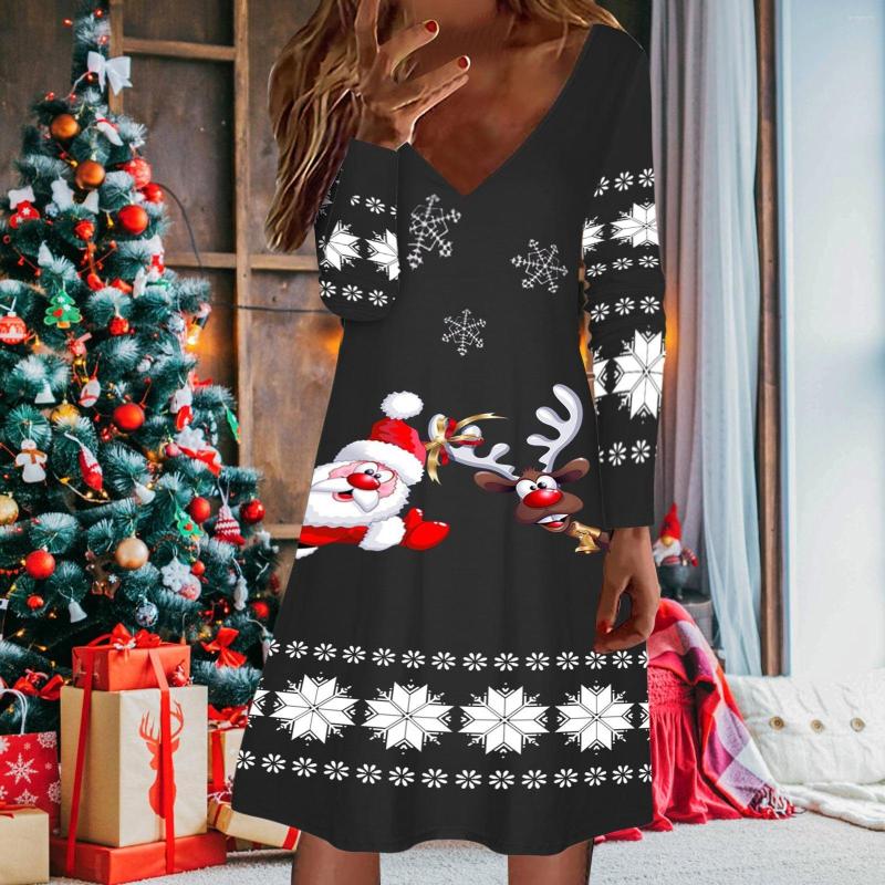 

Casual Dresses Christmas Women Fashion Winter Long Sleeve Sexy V Neck Dress Cartoon Santa Claus Printed Year Party, Blue-1