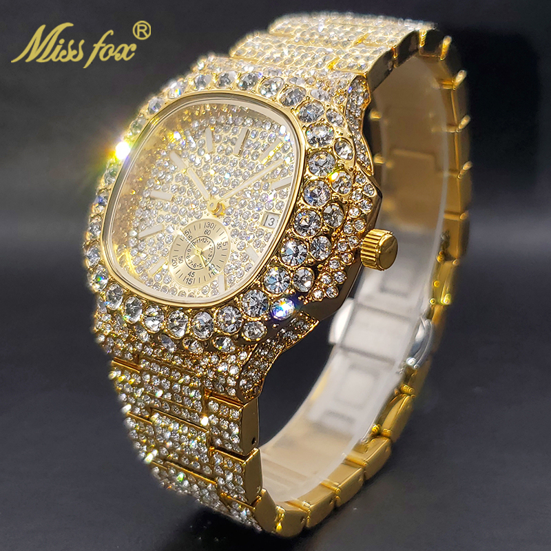 

Wristwatches Gold Watch For Men Diamond Iced Out Hip Hop Stylish Quartz Watches For Male Double Dial Heavry Waterproof Wristwatches Summer In 230316, Silver-with box