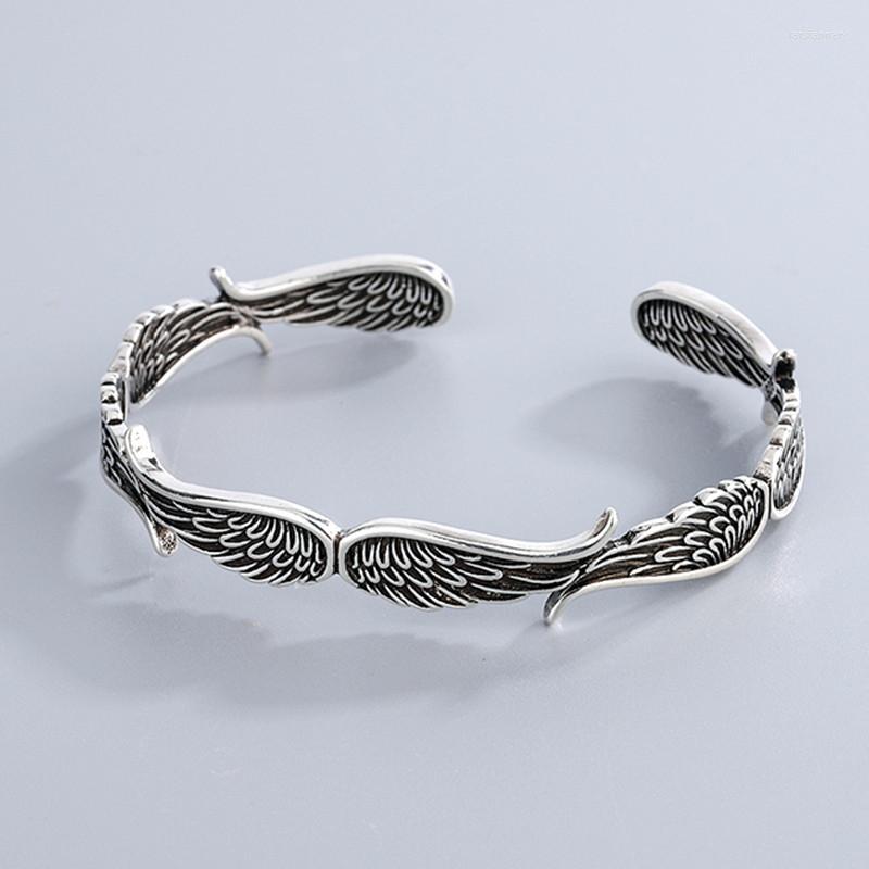 

Bangle PANJBJ 925 Stamp Silver Color Angel Wing Bracelet For Women Girl Vintage Obsolescence Irregular Jewelry Gift Dropship Wholesale