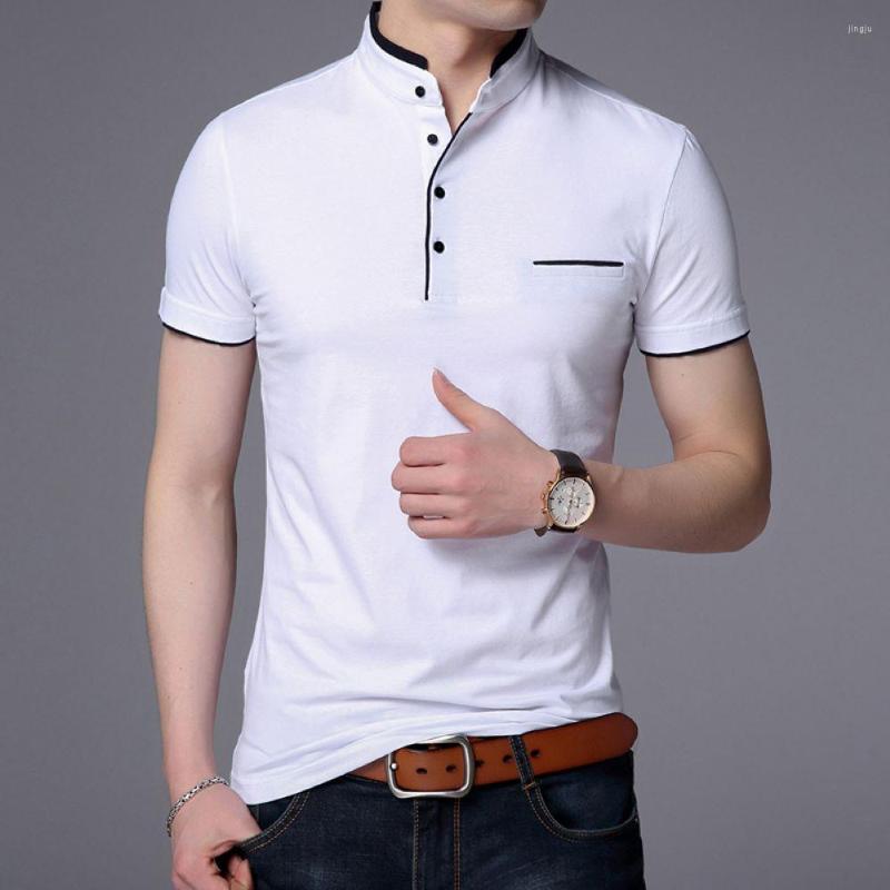 

Men's T Shirts Brand Cotton Tee Shirt Two-Color Stand Collar T-Shirt Men Clothing Summer Fashion Short-Sleeved Business Tops W5502, Navy blue