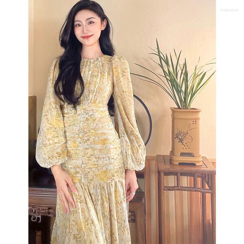 

Casual Dresses Fashion Vacation Women' Party Dress O-neck Long Sleeve Zipper Skirt Printing Pleated Banquet Floral For Women Vestidos, Picture color