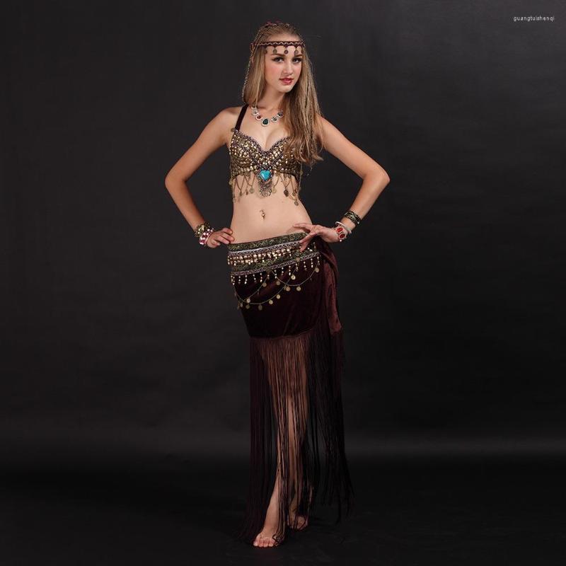 

Stage Wear Size S-XL Belly Dancing Clothes Tribal 2pcs Set Coins Bra Tassel Hip Scarf Dance Costume Performance, Purple