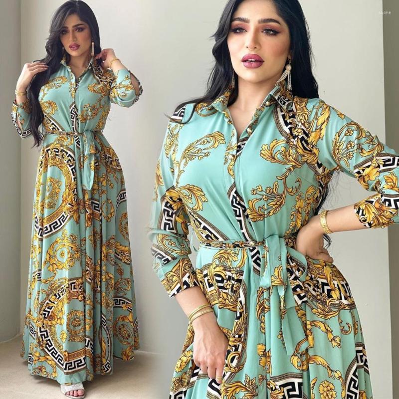

Casual Dresses 2023 Arrivals Dress For Women' Muslim French Elegant Long Sleeve Blouse Collar Middle East Pearl Green Printed Skirt, Black