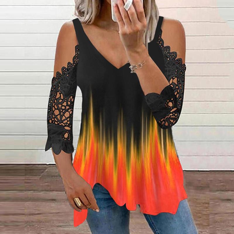 

Women' Blouses Women Blouse 2023 Fashion Print V Neck Strap Lace Sleeve Cold Shoulder Tunic Shirt Vintage Pullover Tops Blusas Mujer De, Ht