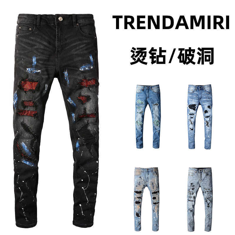 

Jeans Mens Am1r1 Trousers Pants Mirri Ripped Fashion Designer Brand New Men's White Embroidery Patch Elastic Slim Denim Hip Hop High SPYP, Black hot diamond speckle ta238616