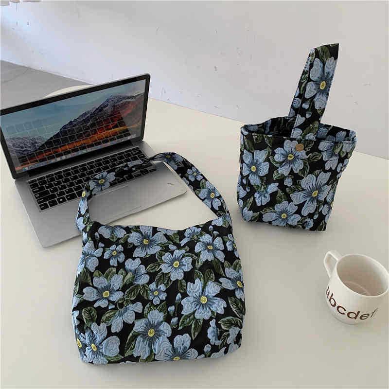 

Evening Bags Jacquard Fabric Women's Shoulder Bag Vintage Blue Floral Ladies Underarm Female Girls Small Tote Bucket Purse Handbags, Bucket bag