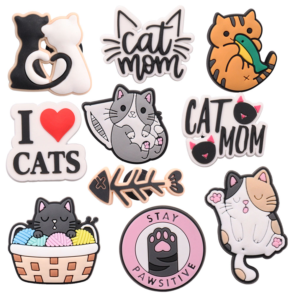 

Wholesale 100Pcs I Love Cats Animals PVC Cat Mom Shoe Designer Accessories Adult Buckle For Bracelet Croc Jibz Button Clog