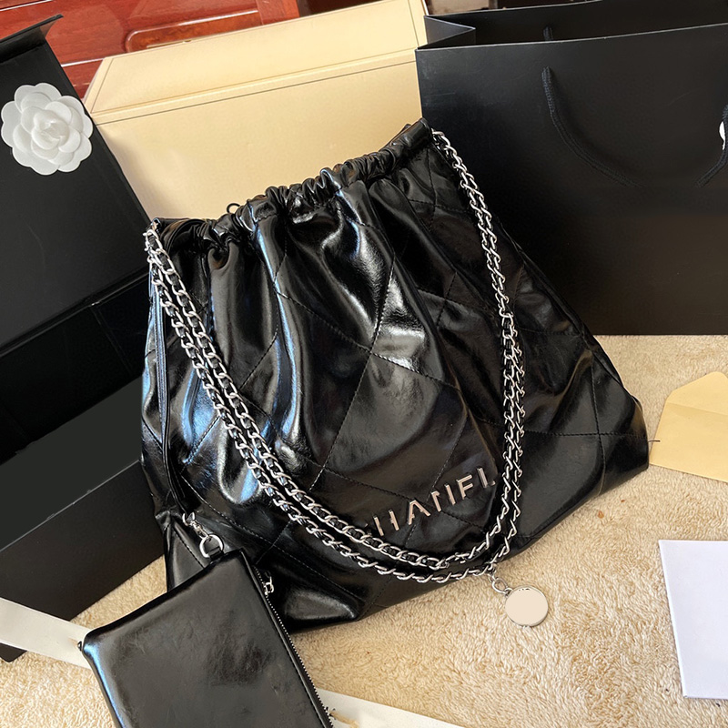 

Womens Oil Wax Leather 22 Shopping Bags Clasic Quilted Silver Metal Hardware Matelasse Chain Shoulder Pocket With Coin Charm Pouch Large Capacity Purse Handbag 34CM, Box